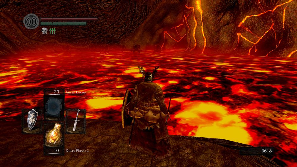 im standing in an active volcano(?) on a stretch of safe and not hot and solid rock. across a sea of lava you can see some enemies and, on another stretch of safe and not hot and solid rock, the distinct glow of an item