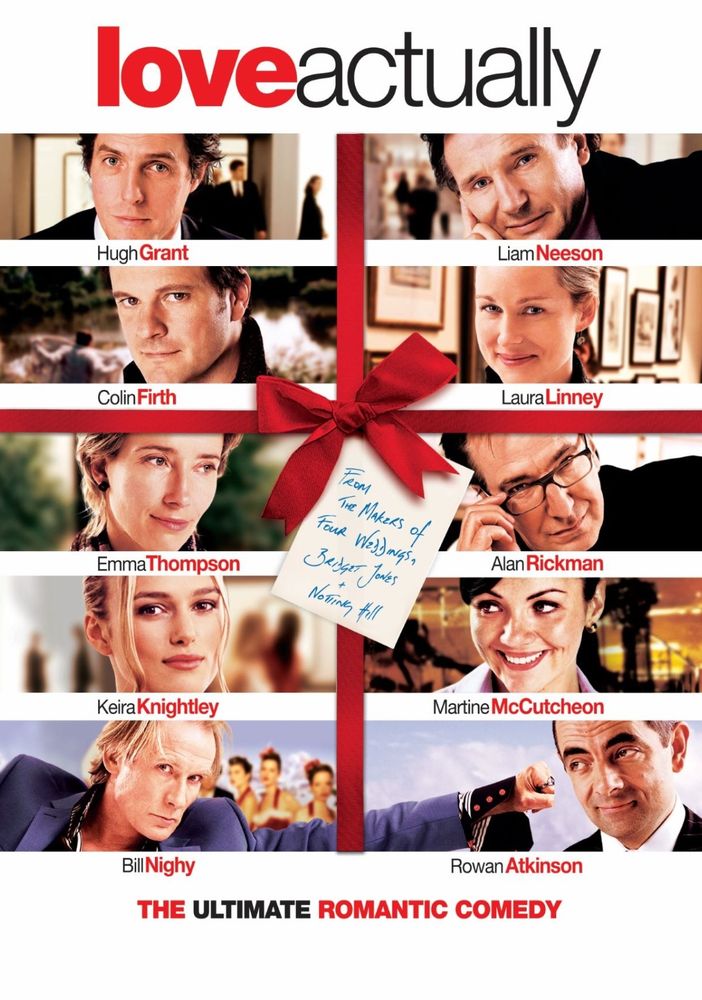 Movie poster for Love Actually starring Hugh Grant and Emma Thompson.