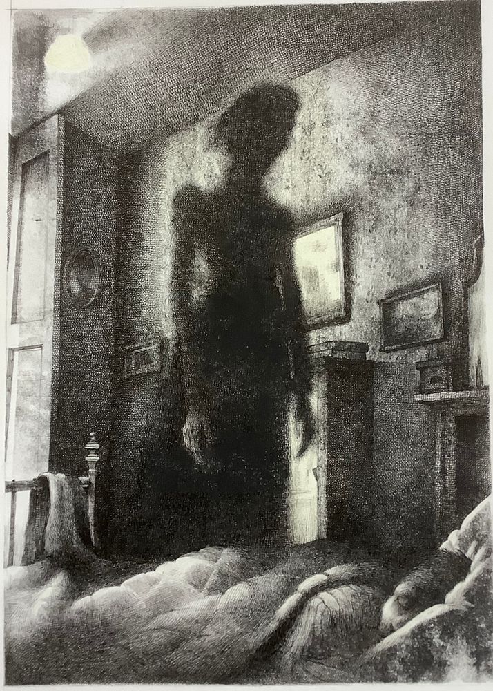A black pen and block printing ink illustration on white paper of the figure of a woman in black stood over the bed of a man having a troubled sleep. The room is Edwardian in appearance with an old fashioned bedstead and duvet. Frames on the wall and a fireplace. Moonlight illuminates the room from the left of the illustration. Crosshatched black pen and rolled printing ink applied with a small roller. Creepy and atmospheric. 