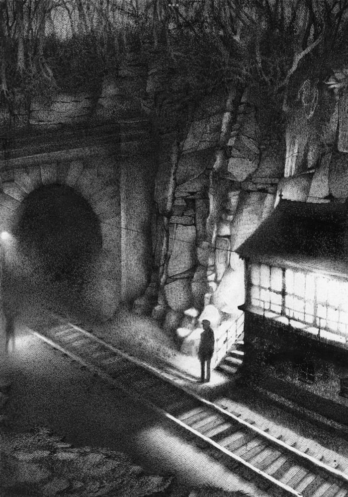 A black fine line pen in a crosshatch technique and rolled printing ink on white paper illustration of a signalman standing at the foot of the steps up to his lonely signalbox. The little house shaped box is situated at the bottom of a steep and dank ravine, big slabs of blasted rock rise up to a wooded area, trees trunks, roots and branches twist up into the darkness. The Signalman stares into the mouth of a dark tunnel, rail tracks run parallel to the signalbox into the tunnel. Another figure stands at the mouth of the tunnel, it is shrouded in low lying mist. The only source of illumination is from the light inside the signalbox and a small glowing lamp above the ghostly figure at the tunnel mouth. Dark, damp, dripping, you can imagine the sound of wind blowing through the tunnel and the isolated ravine, not a place for a party but I’d be happy enough there (I’m odd). 