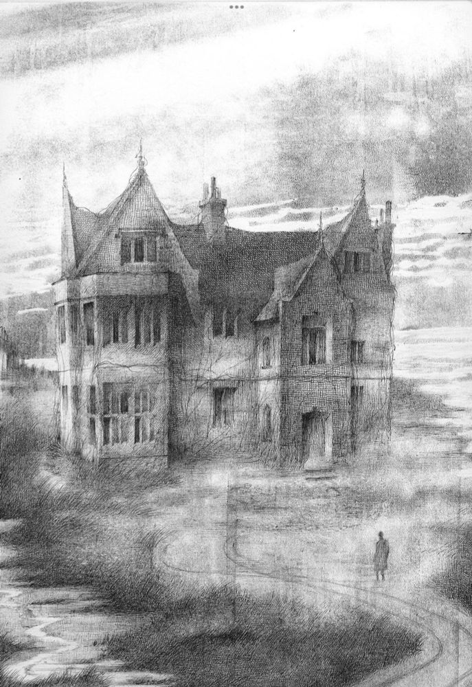 A black crosshatched pen and rolled block printing ink illustration on white paper of a large Victorian house on a small island. The house sits at the end of a causeway, cart tracks in the mud. A man stands on the track looking towards the house, mist rolls across the island. The mansion and the island it sits on are surrounded by marshland and an estuary, nature is reclaiming the house as weeds and vines slowly creep up the walls of the structure. The house has many dark windows and a grand entrance door, chimneys poke up from the roof. A sky streaked with grey clouds and mist. Atmospheric and gloomy/spooky. 