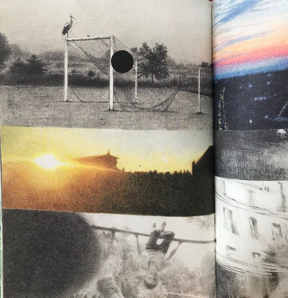 Illustrations in black and colour pencils. Random images of snapshots, a boy swinging on a bar, a sunset, a heron sitting on a goal post. Beautifully drawn, hazy and dreamlike. 