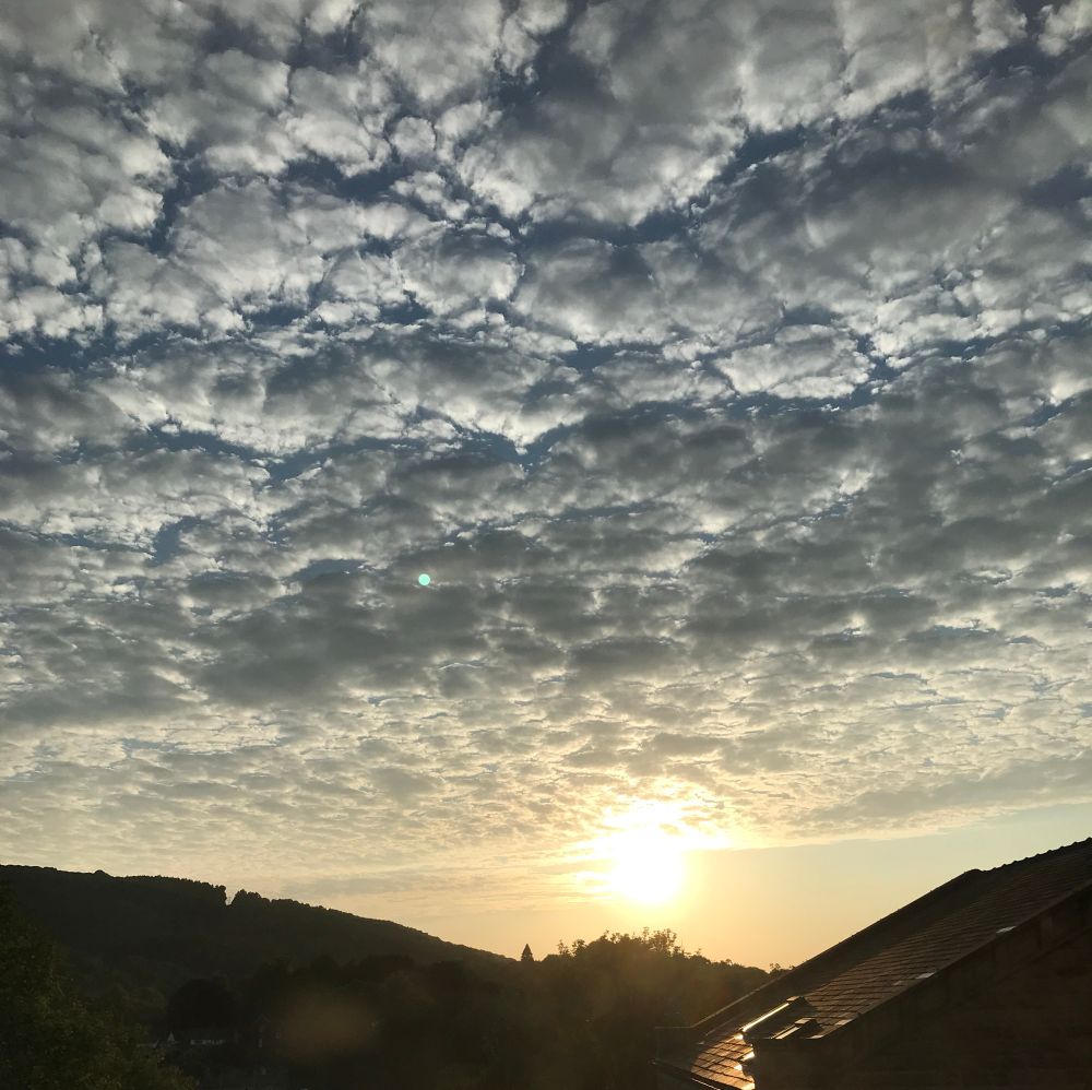 A cloudy sky lit by the setting sun. 