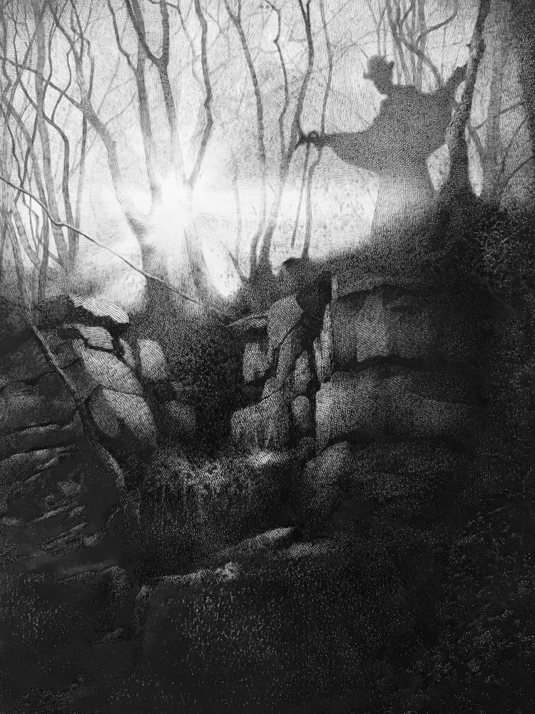 A black and white pen and printmaking ink illustration of a man in Victorian outdoor clothing (long cape, bowler hat, walking cane) stood at the top of a rocky and wooded ravine, he is silhouetted by sunlight shining behind him.