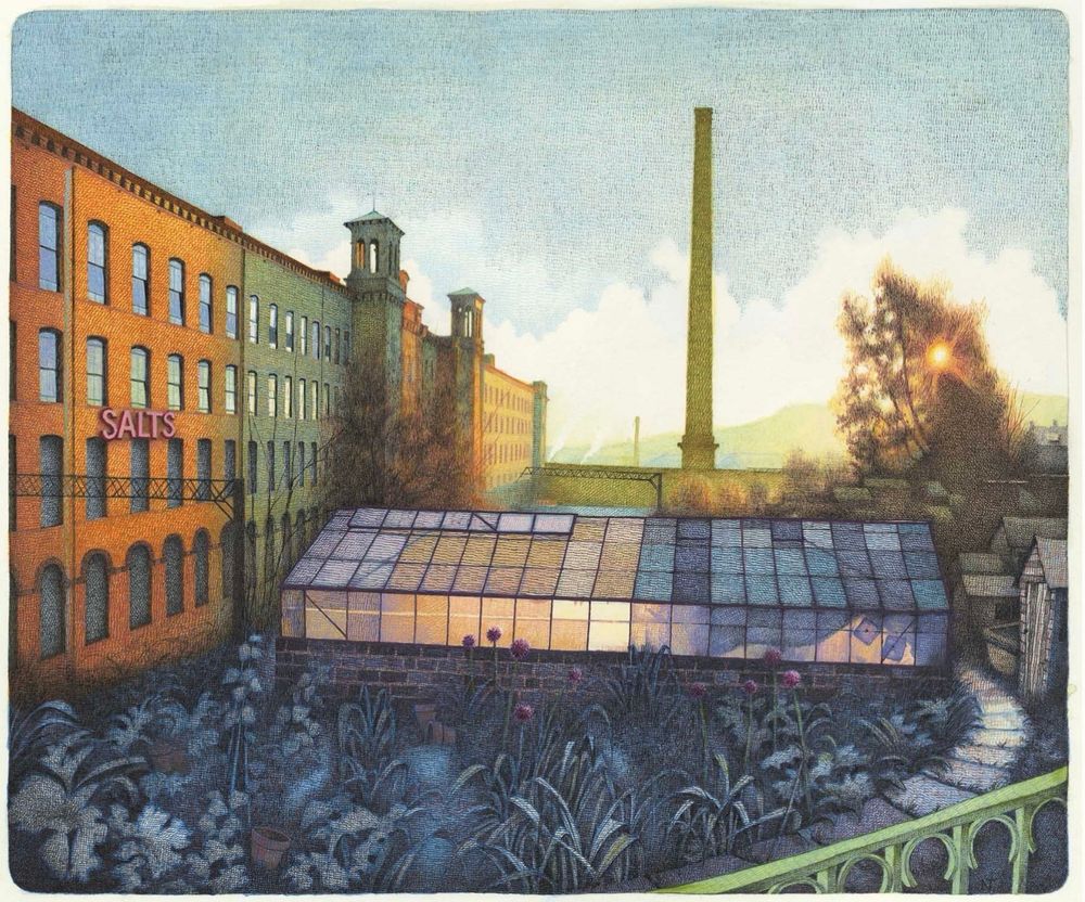 A side view of a large Victorian Mill in early morning sunshine. An allotment at the side of the structure, plants and flowers in blue shadow in the foreground, a long greenhouse with many windows in the middle and a tall chimney in the distance. Sunlight beaming through the branches of a tree in the far distance of the allotment. Red lettering on the side of the mill read: SALTS. The sunlight makes the stone of the mill a golden, honey colour. Peaceful, calming. 