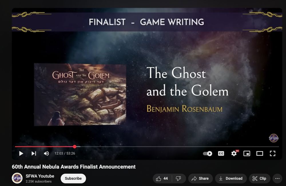 A slide from the Nebula Finalists Announcement showing that "The Ghost and the Golem" has been nominated for the Best Game Writing award