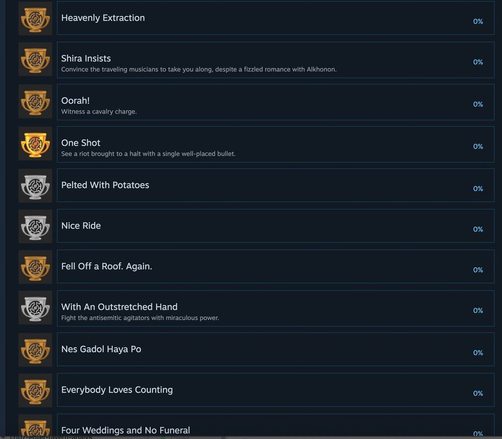 More as-yet-unachieved achievements: Heavenly Extraction, Shira Insists (Convince the traveling musicians to take you along, despite a fizzled romance with Alkhonon), Oorah! (Witness a cavalry charge), One Shot (See a riot brought to a halt with a single well-placed bullet), Pelted With Potatoes, Nice Ride, Fell Off a Roof. Again., With An Outstretched Hand (Fight the antisemitic agitators with miraculous power), Nes Gadol Haya Po, Everybody Loves Counting, & Four Weddings and No Funeral