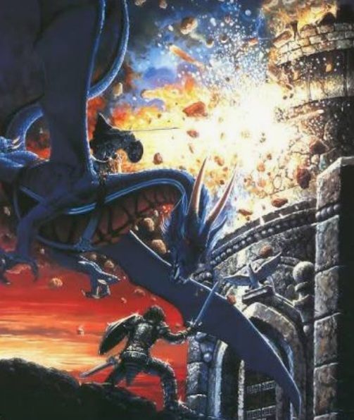 "Dragons of War " by Keith Parkinson shows a blue dragon attacking a male knight. 