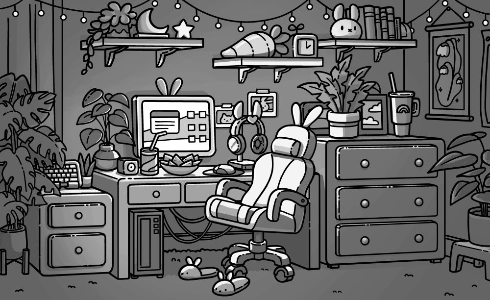 Background design of a girl gamer room full of plants and bunny themed items. www.rachelkimart.com
#bgdesign #background design #opentoworkanimation