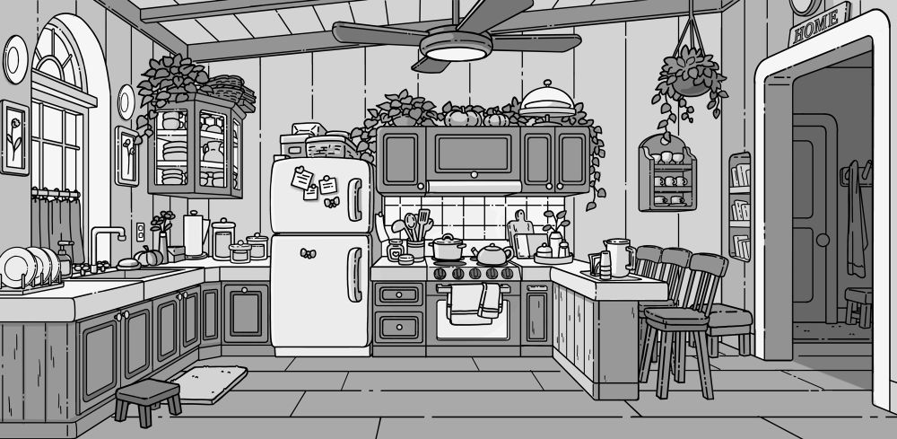 Background design of a cottage core themed kitchen. www.rachelkimart.com
#bgdesign #background design #opentoworkanimation