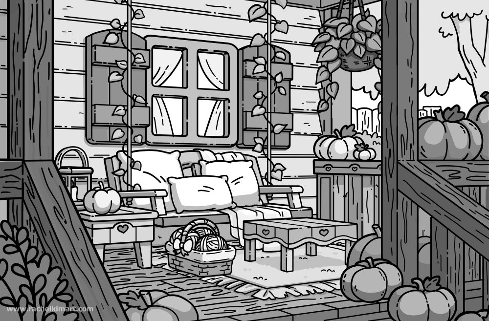 Background design of a cute porch full of pumpkin and vines.
www.rachelkimart.com

#bgdesign #background design #opentoworkanimation