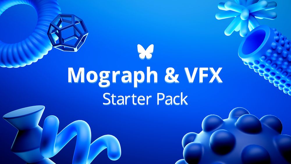 Bluesky Mograph and VFX Starter Pack Title in blue surrounded by geometry.