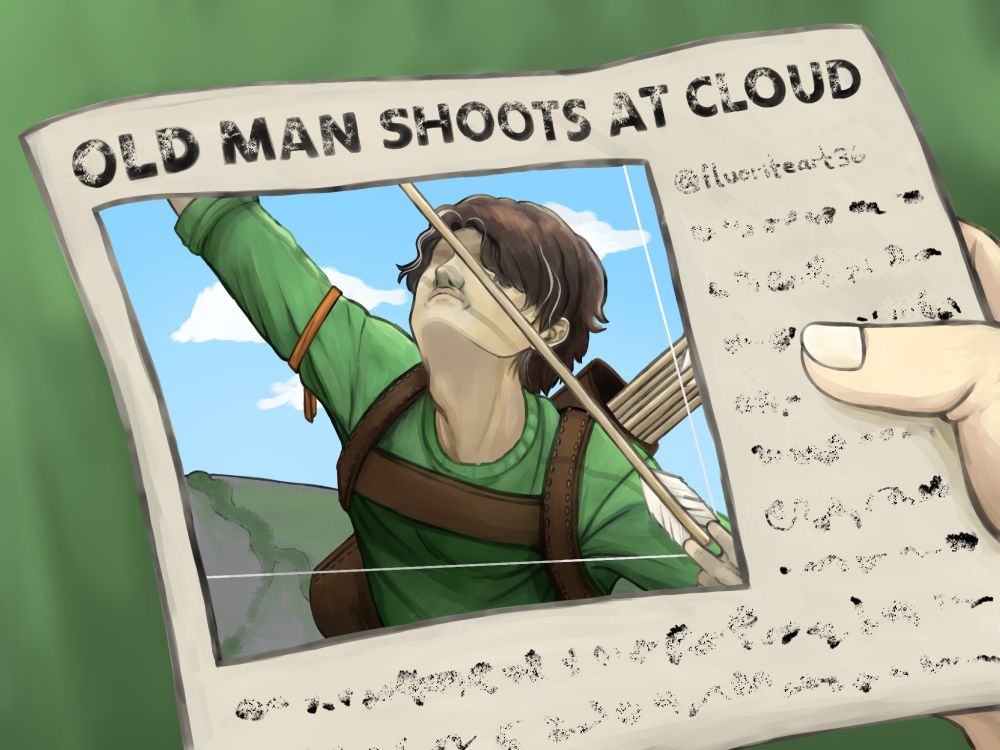 An illustrated image of a newspaper clipping, reminiscent of the "old man yells at cloud" meme from The Simpsons. The headline reads, "Old man shoots at cloud" and the image below depicts a man (Owen, a character played by OwengeJuiceTV, a Minecraft YouTuber and Twitch Streamer) with slightly graying hair, a green shirt, a quiver on his back, and an orange ribbon tied around his right arm drawing back a bow and aiming towards the sky.
