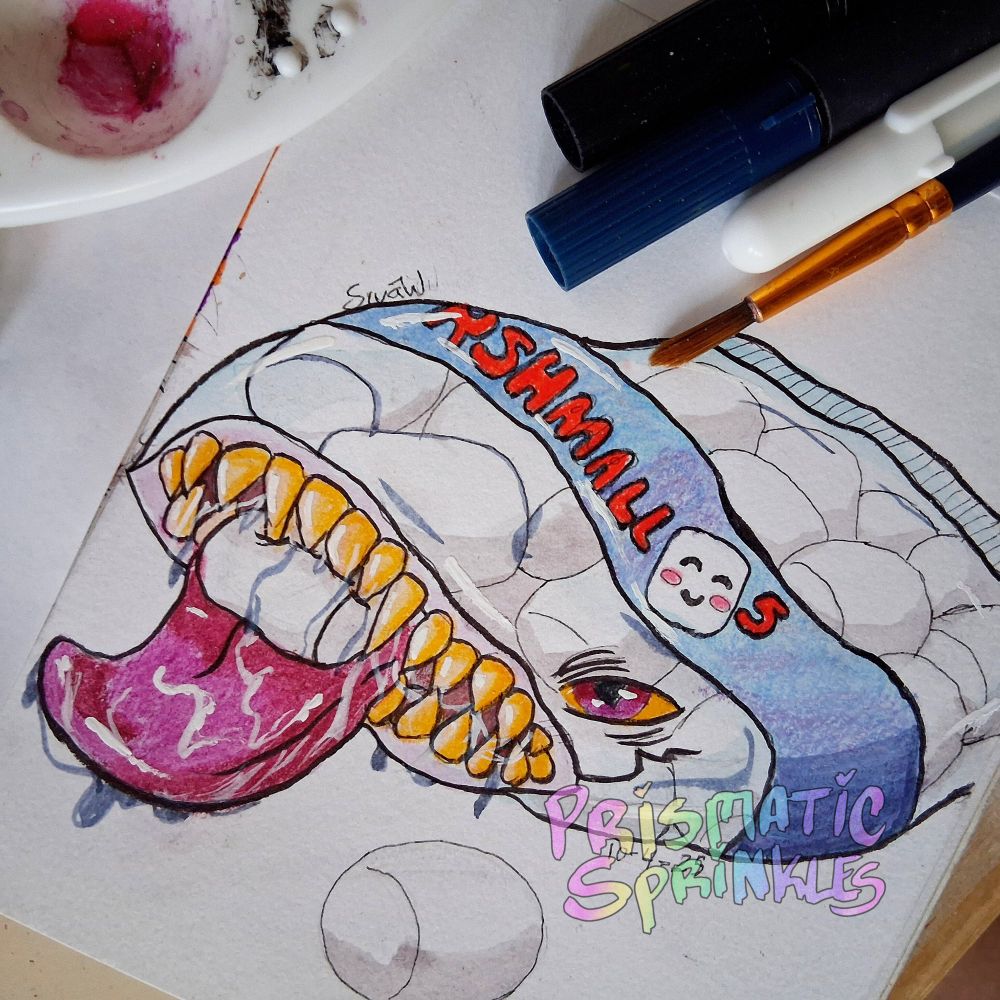 A photo of a drawing of a mimic monster disguised as a bag of marshmallows