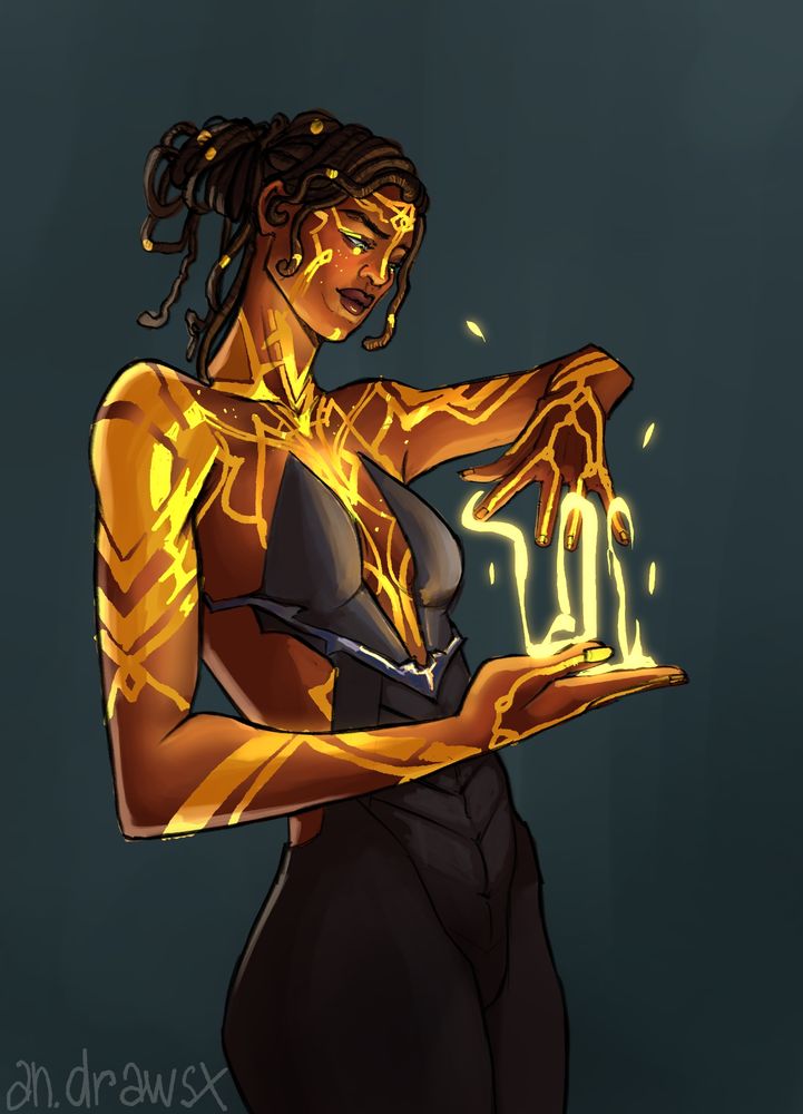 a drawing of Mel Medarda weaving magic between her hands. 