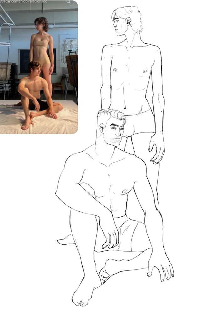 lineart of jayce and viktor in their underwear. Viktor stands and looks to the left. Jayce sits at his feet and looks to the right. Both of them have sad faces.