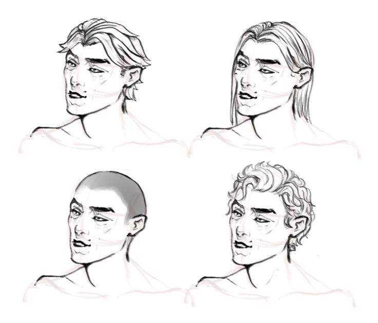 4 copies of the same sketch of Viktor with different hairstyles:
1. his og 1st season hair
2. long straight hair
3. buzzcut
4. short curly hair (astarion cut)
