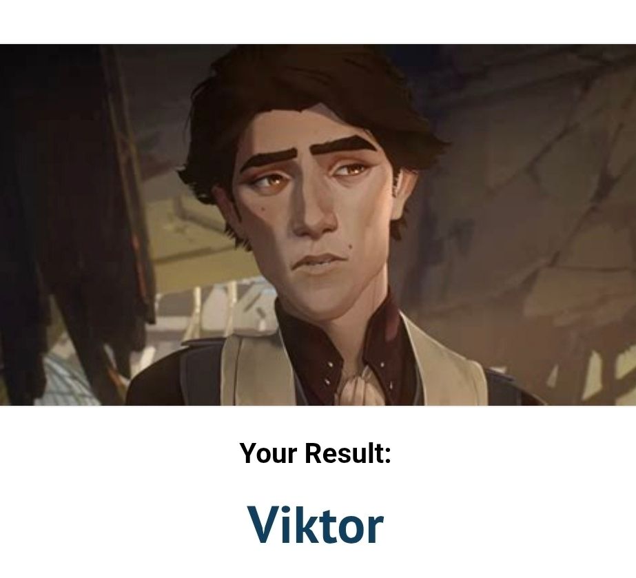 Screenshot of a quiz result with S1 Viktor picture and text "Your Result: Viktor"