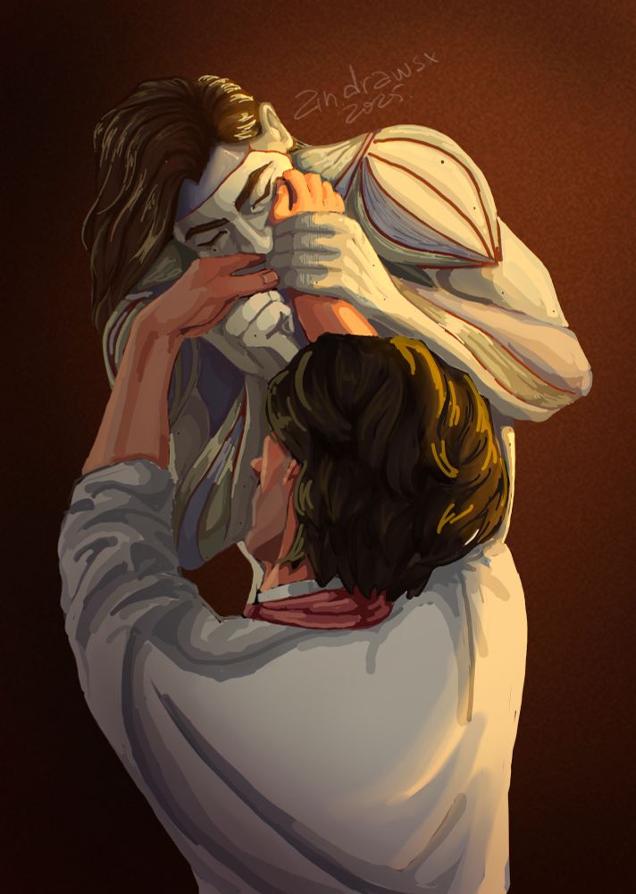 an image of Viktor as the Creature of Frankenstein towering over Jayce gently holding and kissing his hands