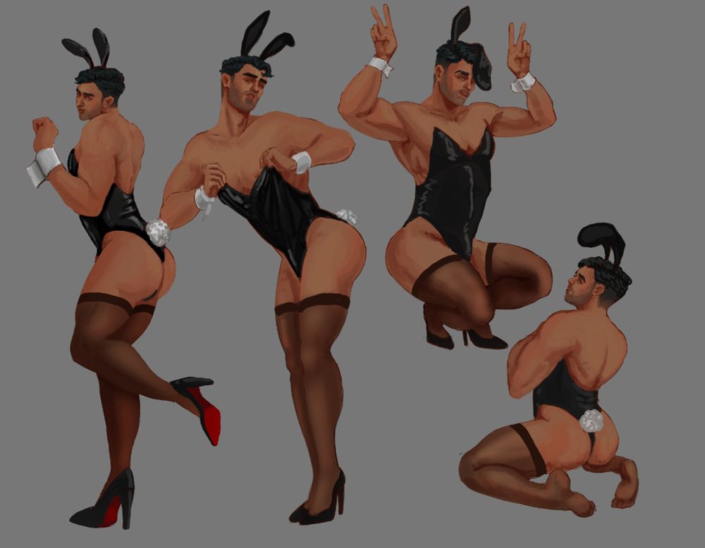 paintings of Jayce Talis in bunny girl costume in various poses standing and sitting