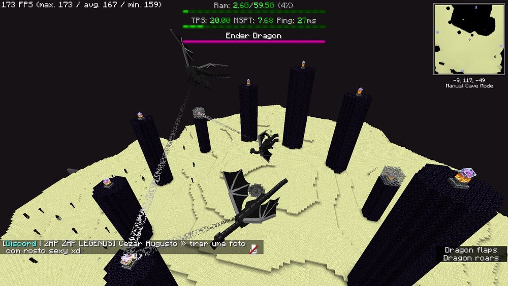 Na foto mostra três ender dragons voando no end do Minecraft.