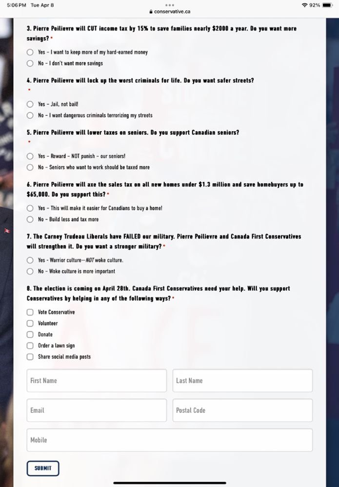 Questions from the party election survey, with utterly ridiculous dichotomies like “Yes - Warrior culture, not woke culture” and “No - Woke culture is more important” 