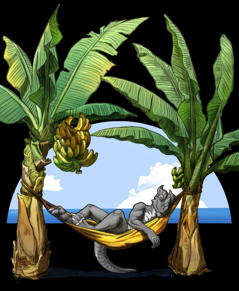 Kardukk (grey kobold) relaxing down in a yellow hammock that similates a banana. The hammock is connected to 2 banana plants (musa) as multiple bananas are already growing from them. The background is a semicircle that simulates an open ocean