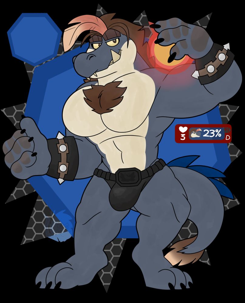 A fusion between Gulf and Noku. Their form becomes a taint blue with brown hair and spread feathers. Spiked large armbands. An abstract heptagonal figure is in the background. Energy ball.