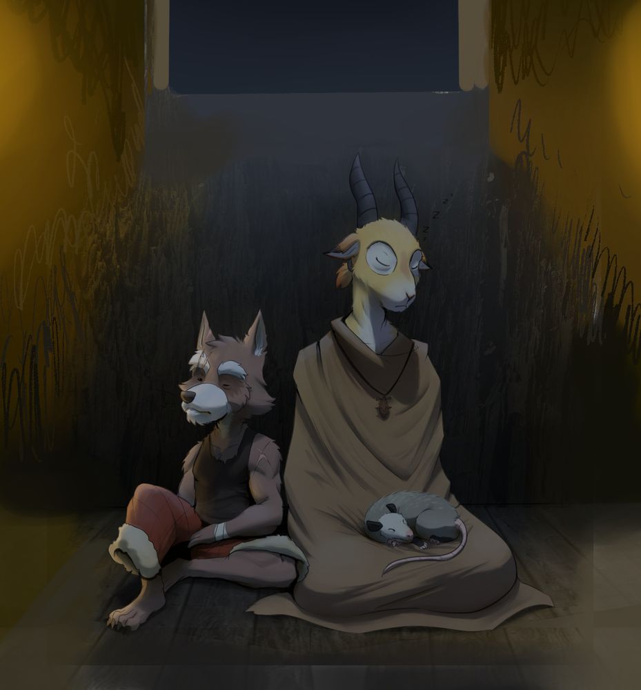 Don and Tomo (DnD characters from MrKermodeBear and TonyTamales respectively) sitting down right beneath a moonlight window. Tomo is wrapped up in blackets after a traumatic event, being kept company by Don and Mr. Potato (Don's pet opposum).