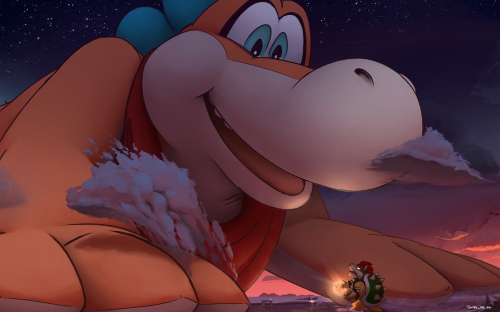 Plessie from Super Mario 3D World + Bowser's Fury is a giant, looming over the whole area of the game, as he watches a smaller Bowser that has gotten the power of three Giga Bells. Even then, Bowser height can only reach the top of one of Plessie's fingers.