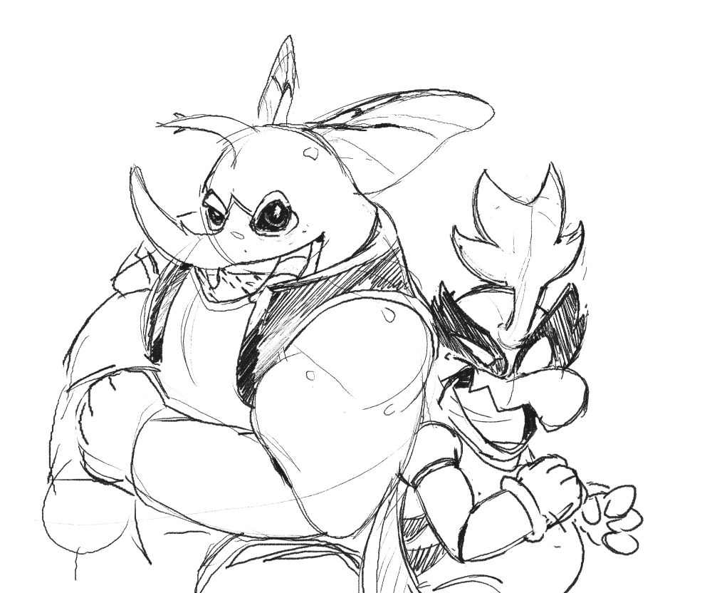 Sketch of 2 bug characters. The first one is a muscular beetle version of Gulf, flexing his arm posing his shoulder to the other character. The other bug is a smaller "beetle" (Kaiju beloging to FunkySpaceAlien) with an open mouth and similar pose.