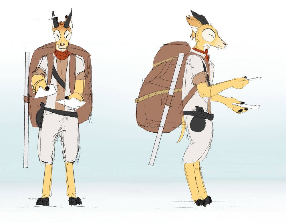 Reference sheet of Tomo, my DnD Humblewood character, an impala mailman (Monk class)