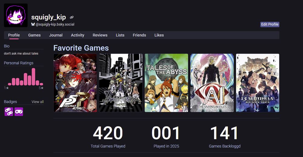A screenshot of the user's backloggd profile calling attention to the number of total games played, which is 420. Nice.