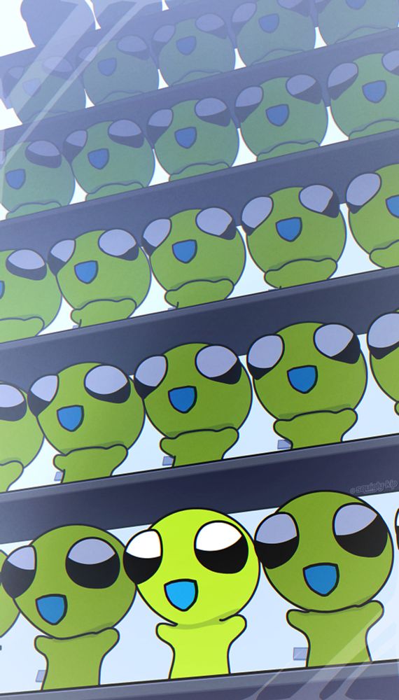 A 3D render of about 30 Flugs from lilalienz4ever. They're all lined up on shelves and have a big smile on their faces, standing in the same pose. 29 of them have small tags attached to their sides, but the Flug in the center of the picture does not have one. The focal Flug is bright in color while the others are slightly more dim. The shelves extend upwards until they become obscured by the atmosphere.  There are light reflections overlaid onto the image as if the Flugs are being displayed behind a glass case. 