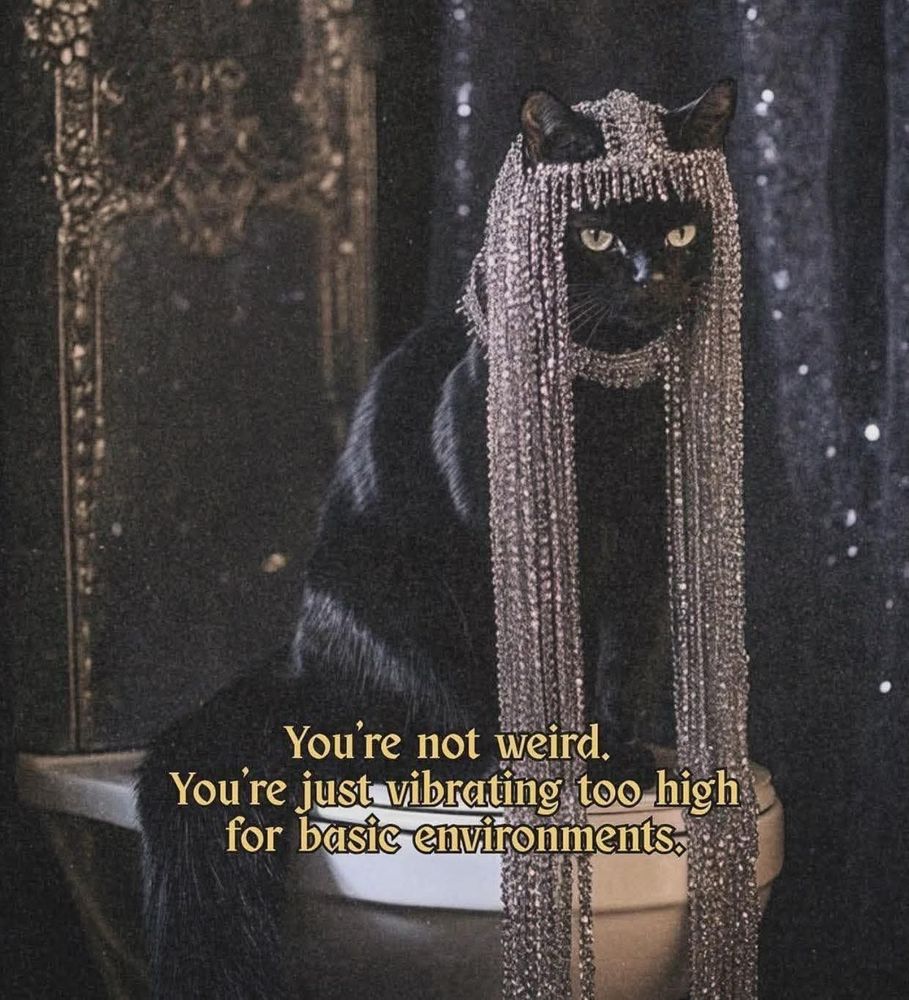 svart katt med strassperuk. text säger:you're not weird. you're just vibrating too high for basic environments.
