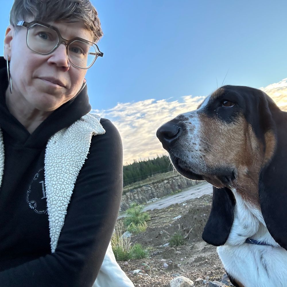 blupparen i ett stenbrott bredvid en trefärgad basset hound.