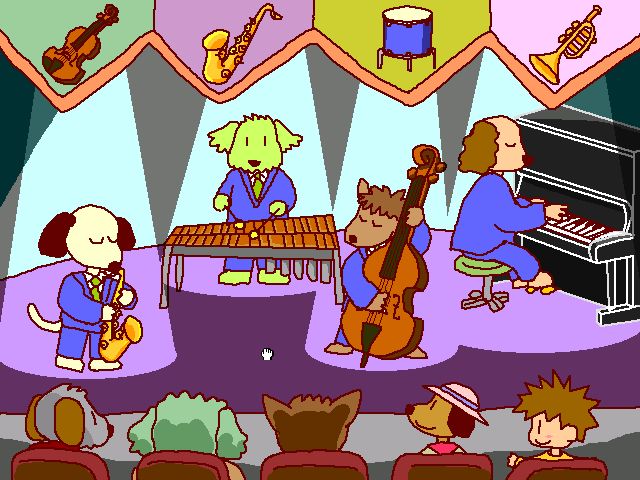 Screenshot: a game depicting a concert scene, with jazz instruments played by dogs. The screen is in a loose cartoon style.