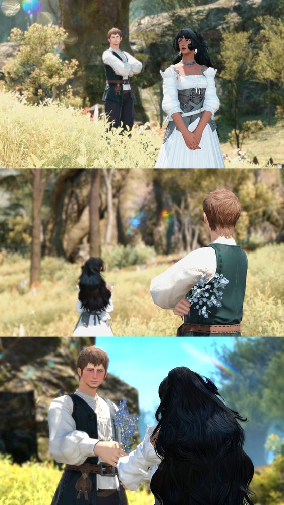 This picture is divided into 3 panels, each depicting Layla and Ardbert (2 Hyurs).

Panel 1: Layla and Ardbert are standing in a forest. Ardbert standing a few meters behind Layla, his arms are crossed. Layla is holding her hands in front of her and looking up, observing the environment in front of her.

Panel 2: The view changes to Ardbert who is now standing closer in the picture. This panel reveals that he is holding a bunch of forget-me-nots. Layla is further away and still looking up. 

Panel 3: This panel depicts Ardbert holding the flowers to Layla. Their are now standing closer to each other. His cheeks are flush as he is embarassed. Layla has turned her back from the viewer.