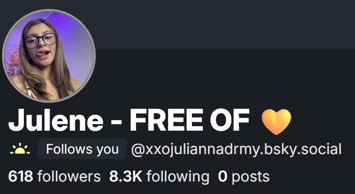 A profile picture of a typical spam bot that follows thousands of accounts, funny sexy woman, possibly AI generated profile picture, zero posts.