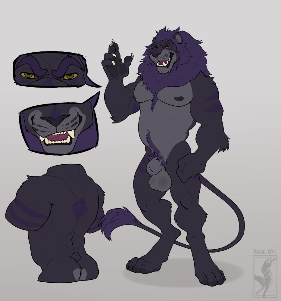 Reference sheet for the same lion. Front view from head to toe show his purple pubes and big round testicles that match his light grey sheath and belly. His tail tip fur is dark purple to match his mane. His biceps, thighs, and tail have purple stripes. On his upper back and the bridge of his nose there are matching purple diamonds and chevrons. Reference sheet bare by Twist Hound.