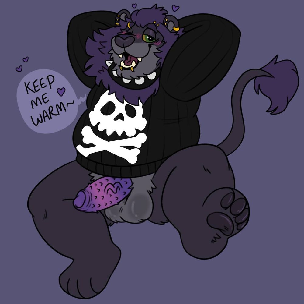 Toon style art of the lion going bottomless with a huge erection but he's wearing a cute skull and crossbones sweater saying "Keep me warm". Art by Campfire Donut.