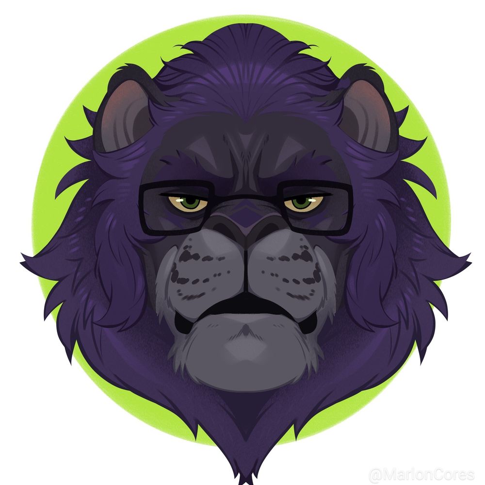 Furry pfp of a middle-aged charcoal black lion with with a dark purple mane. He has a light gray muzzle and wears rectangle framed black glasses. There is a key lime green colored Halo around him and he has pine green eyes. He looks very serious with furrowed brows. Artwork by Marlon Cores.