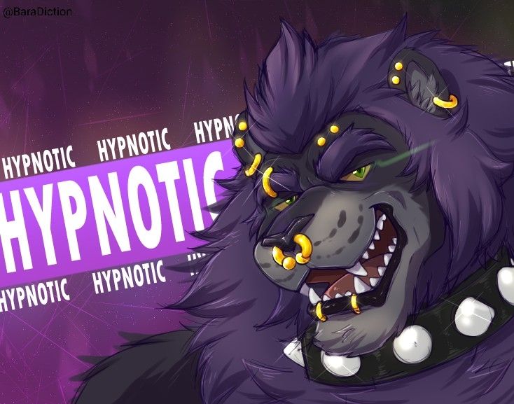Glossy cyberpunk inspired profile banner of the same lion character, but he wears a big black leather collar with silver spikes, and has a lot of gold facial piercings. Text banner behind him says "HYPNOTIC" repeatedly in all capital lettering. Artwork by BaraDiction.