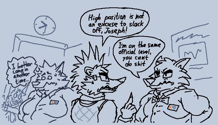 Characters from right to left are: Joseph Huxley the coyote, Robert Schwartz the hedgehog, Kevin Jones the wolf/hellhound hybrid and Anatoly Fedotov the lynx.