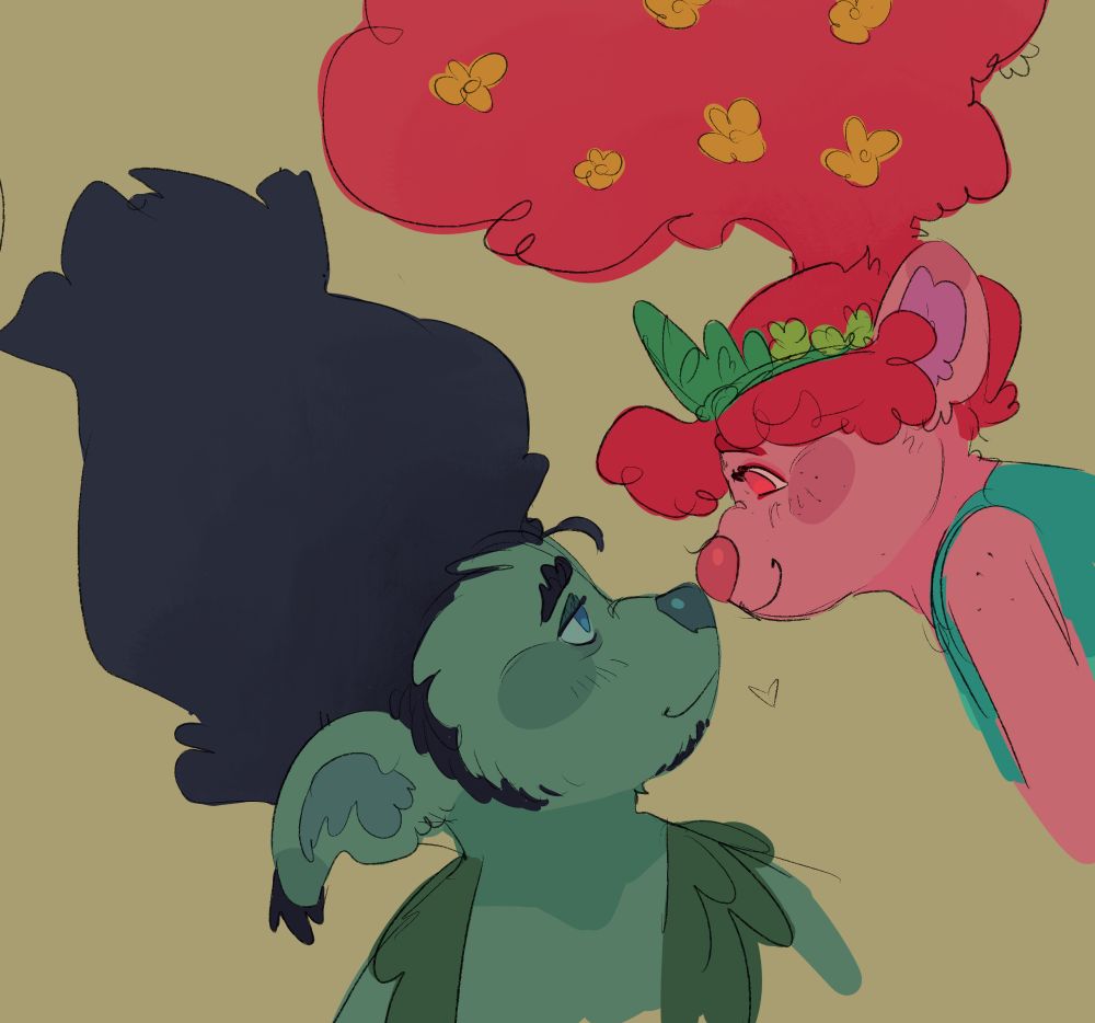 Branch and Poppy touching noses and smiling at each other