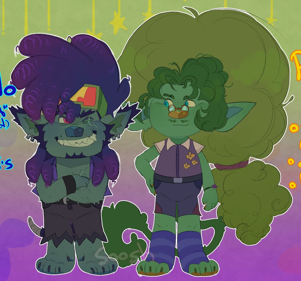 Trolls ocs Dorado and Bay Leaf
Dorado is a part Rock part Pop trolls with purple hair and blue skin with multiple scars. He has ear tufts and sideburns. He also misses an eye and part of his tail. He wears green goggles, a purple jacket, dark ripped pants and a black bracelet.
Bay Leaf is a Pop troll with green skin and lighter green hair tied in ponytail, his bangs are darker than the rest of his hair. He wears tiny glasses, purple waiscoat with white button up undeneath, shorts and striped legwarmers.