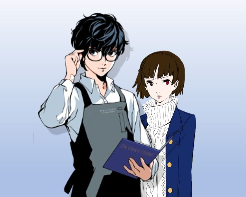 Collage of Ren and Makoto, with Ren’s image being from the Persona 25th Anniversary artworks and Makoto being from the Persona 5 Royal model sheets. The image depicts Ren in a white button up and a charcoal apron. He is holding the sides of his glasses with one hand and holding an open blue folder in the other. Makoto is slightly behind him wearing her third semester winter casual outfit which is a big white sweater with a thick oversized turtleneck under a deep blue blazer.