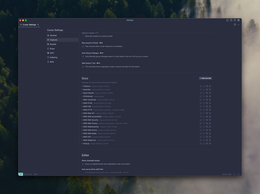 Cursor settings > Features UI