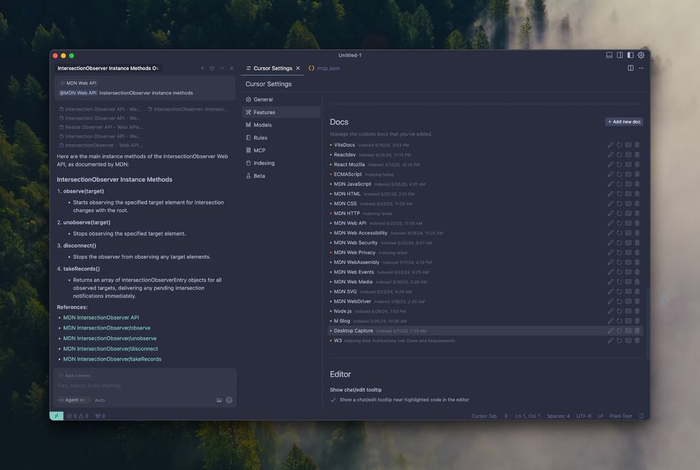 Cursor interface showing the left chat panel with IntersectionObserver instance methods and references; right panel lists indexed docs (MDN, React, Vite, etc.) with indexing statuses.