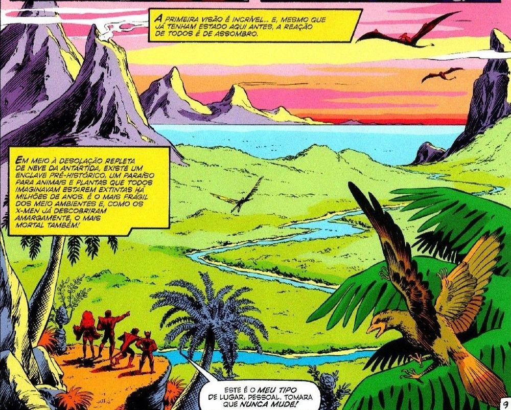 Os X-Men se deparam com a Terra Selvagem e ficam admirados com a sua beleza, repleta de árvores  e com um grande rio que corta sua planície, pássaros pré históricos voam ao redor e ao fundo, Tempestade, Colossus, Noturno e Wolverine avistam montanhas e um lindo por do sol, com pterodáctilos voando rumo ao horizonte